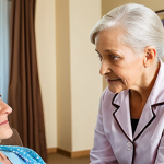 **A compassionate Dementia Care Specialist attentively listening to an elderly woman, showcasing empathy and effective communication techniques. The scene is in a brightly lit, comfortable assisted living facility, emphasizing person-centered care.**
