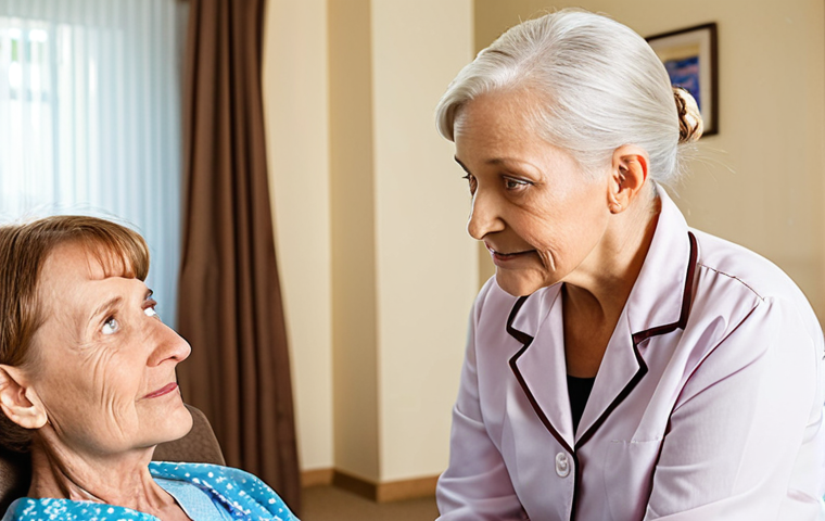 **A compassionate Dementia Care Specialist attentively listening to an elderly woman, showcasing empathy and effective communication techniques. The scene is in a brightly lit, comfortable assisted living facility, emphasizing person-centered care.**