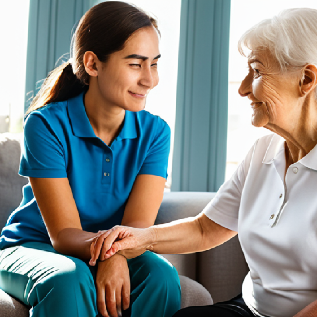 A compassionate female dementia care specialist, wearing a modest, professional polo shirt and trousers, is seated at eye level with an elderly woman in a brightly lit, comfortable living room setting. The specialist is gently holding the elder's hand, providing reassuring eye contact, and showing deep empathy. Sunlight streams through a window, illuminating the serene atmosphere. The scene emphasizes heartfelt connection and validation. The woman is fully clothed, appropriate attire, safe for work, professional, perfect anatomy, correct proportions, natural pose, well-formed hands, proper finger count, natural body proportions, appropriate content.