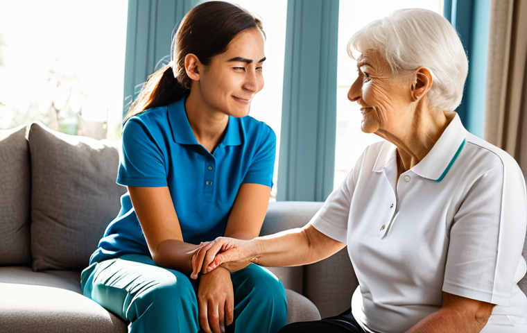 A compassionate female dementia care specialist, wearing a modest, professional polo shirt and trousers, is seated at eye level with an elderly woman in a brightly lit, comfortable living room setting. The specialist is gently holding the elder's hand, providing reassuring eye contact, and showing deep empathy. Sunlight streams through a window, illuminating the serene atmosphere. The scene emphasizes heartfelt connection and validation. The woman is fully clothed, appropriate attire, safe for work, professional, perfect anatomy, correct proportions, natural pose, well-formed hands, proper finger count, natural body proportions, appropriate content.