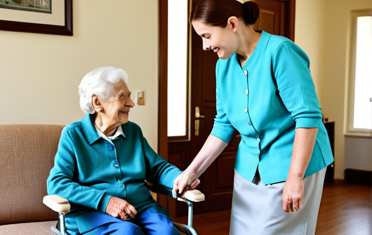 치매관리사 주요 업무와 역할 - **Image Prompt:** "A professional caregiver in a fully clothed, modest outfit, assisting an elderly ...