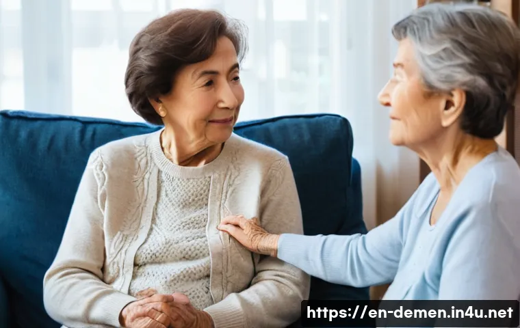 치매관리사 현업 종사자의 조언 - **Prompt:** A serene indoor scene depicting an adult female caregiver gently holding the hand of an ...