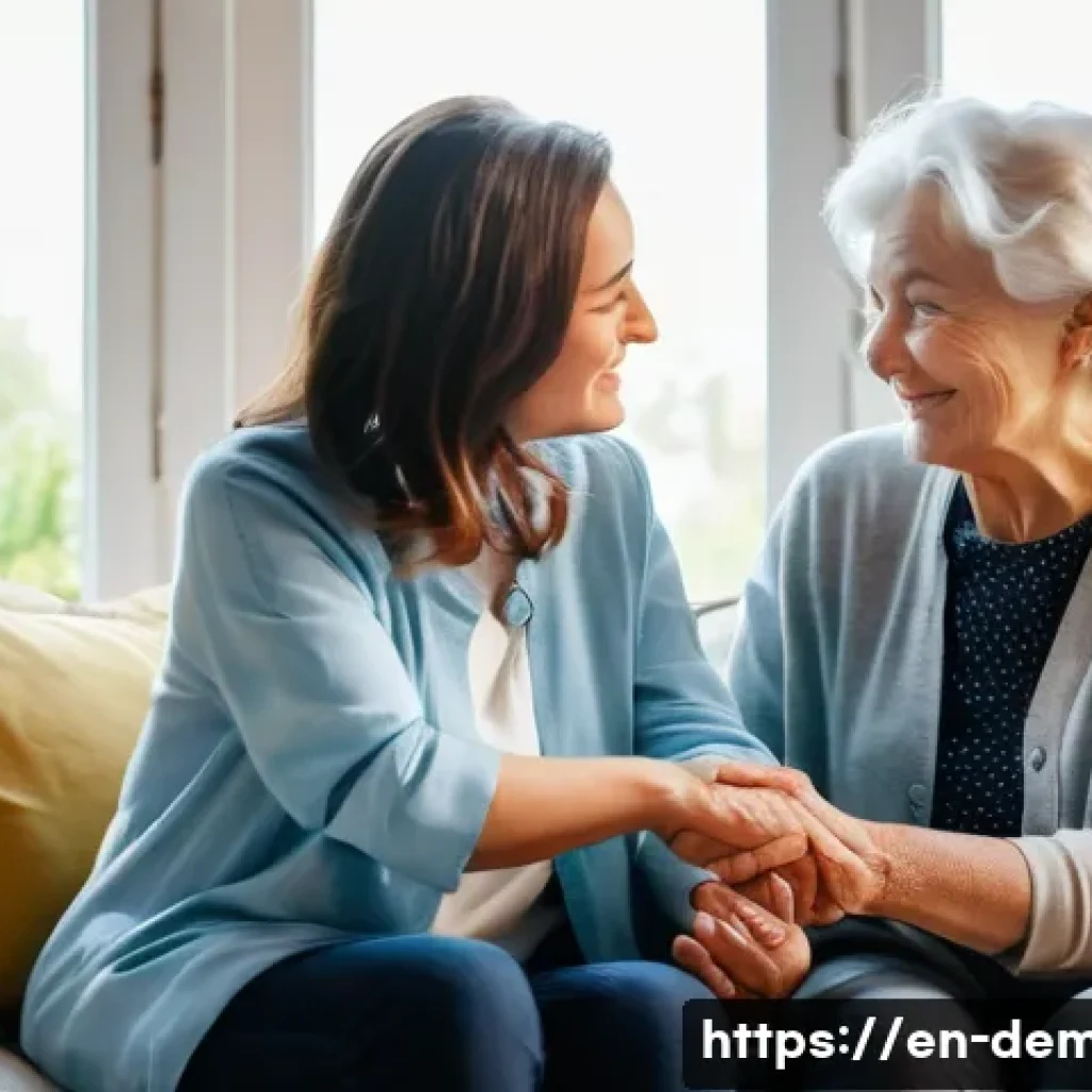 치매관리사로서의 성장 스토리 - A warm, compassionate scene of a middle-aged female caregiver gently holding the hand of an elderly ...