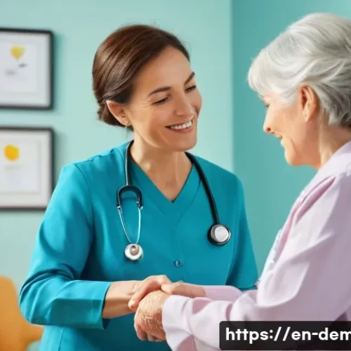 치매관리사 이직 성공 사례 - A compassionate middle-aged female caregiver in professional attire, wearing modest clothing and a n...