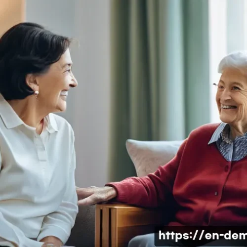 치매관리사 이직 준비 체크리스트 - A compassionate dementia care specialist gently interacting with an elderly woman in a cozy assisted...
