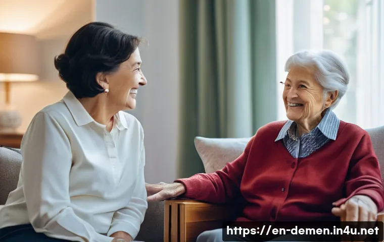 치매관리사 이직 준비 체크리스트 - A compassionate dementia care specialist gently interacting with an elderly woman in a cozy assisted...