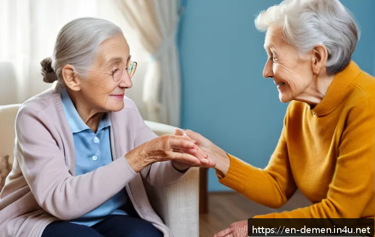 치매관리사 자격증 최신 출제 경향 - A compassionate dementia caregiver engaging an elderly person in a cozy living room setting, using g...