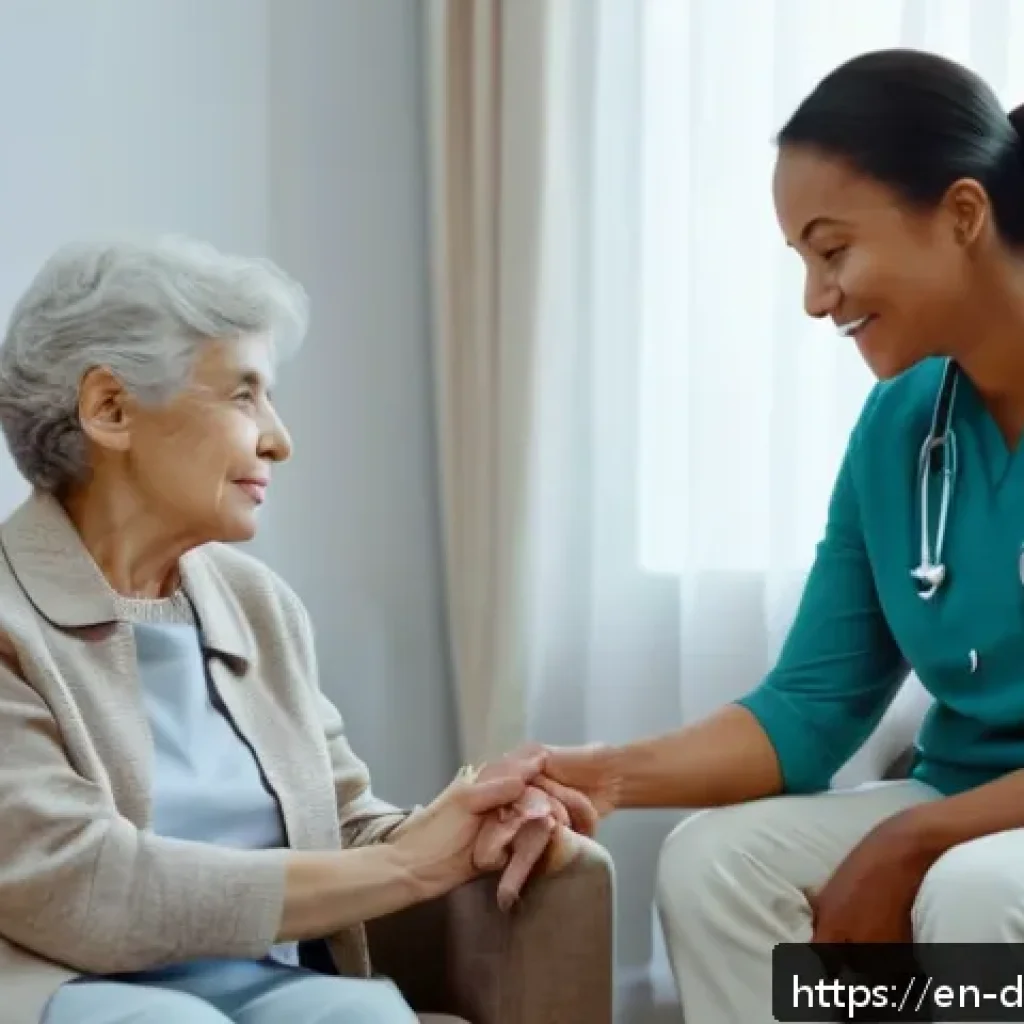 치매관리사 채용 트렌드 분석 - A compassionate dementia care professional, a middle-aged woman wearing neat, professional attire an...