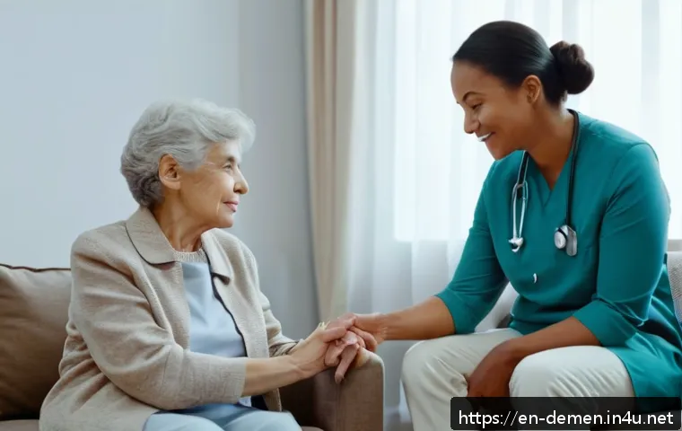 치매관리사 채용 트렌드 분석 - A compassionate dementia care professional, a middle-aged woman wearing neat, professional attire an...
