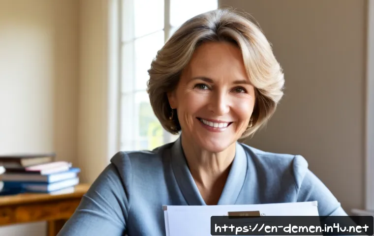 치매관리사 자격증 합격 후기 - Photorealistic lifestyle scene of a relieved middle-aged woman in a bright home office celebrating a...